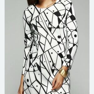 Geometric Black and White Long Sleeve Dress
